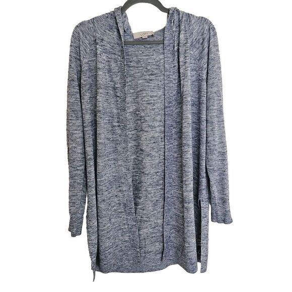 Ann Taylor LOFT Linen Blend Hooded Open Cardigan Long Line Size M Blue Space Dye - Picture 2 of 9